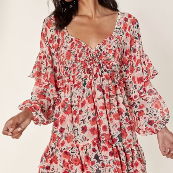 MISA Los Angeles Asra Red Floral Puff Sleeve Dress | US S - Picture 3 of 12